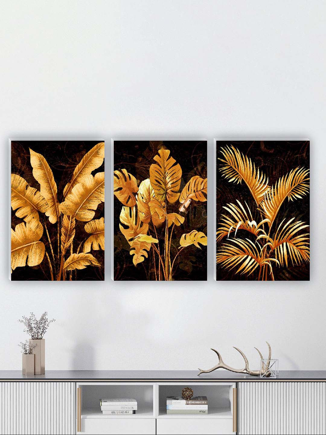 SAF Golden Tropical Leaves MDF 3 Piece Wall Rectangle Paintings Wall Art - 12 x 18In