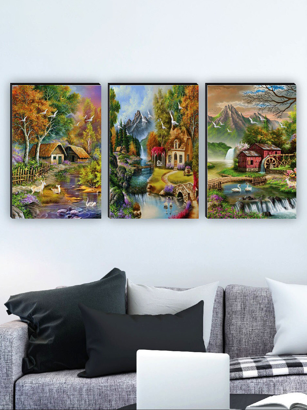 SAF Nature MDF 3 Piece Wall Rectangle Paintings Wall Art - 36 x 18 In