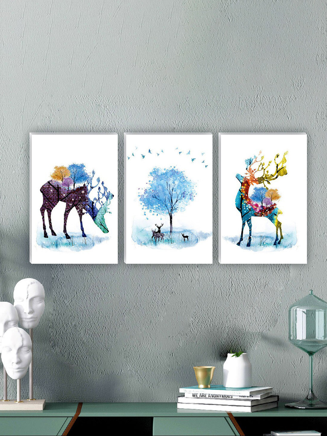 SAF Deer & Tree MDF 3 Piece Wall Rectangle Paintings Wall Art - 18 x 12 In