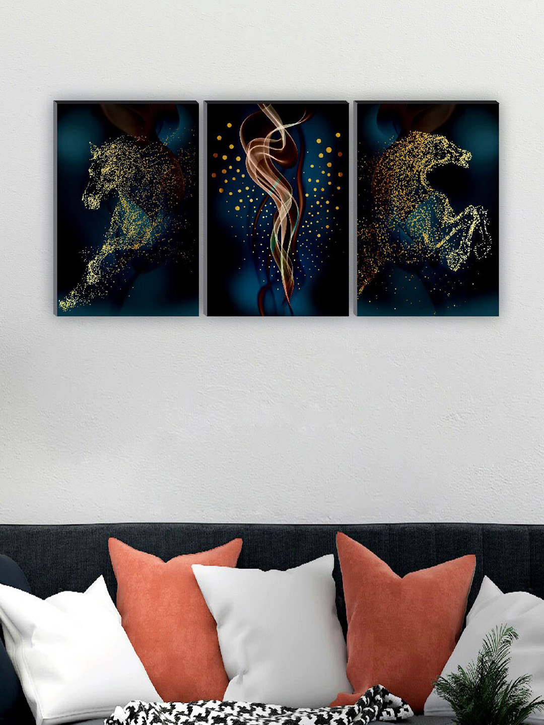 SAF Blue & Black 3 Pieces Abstract Horse Painting Wall Art