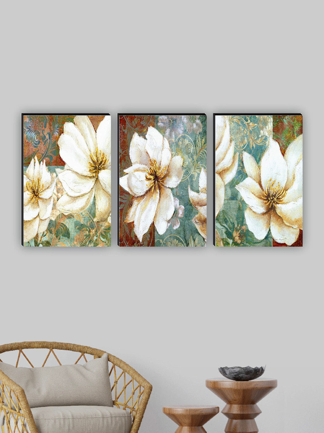 SAF Cream Colored & Green 3 Pieces Abstract  Flower Painting Wall Art