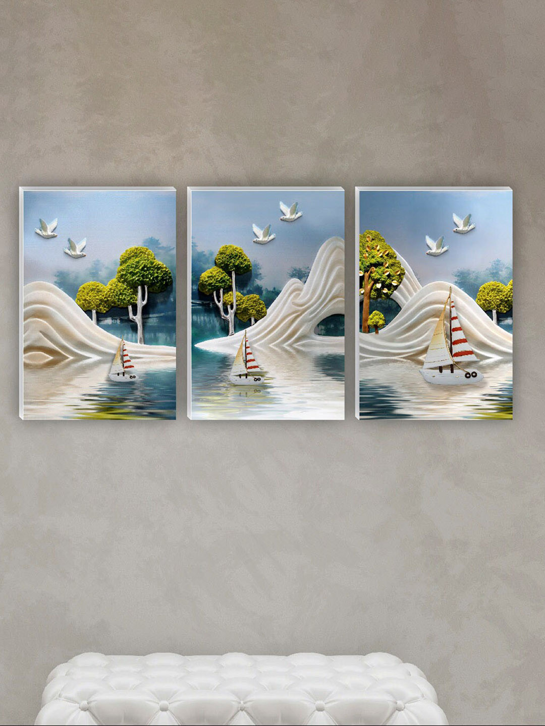 SAF Boat Tree & Birds Paper 3 Pcs Wall Rectangle Paintings Wall Art -17.7x11.8In