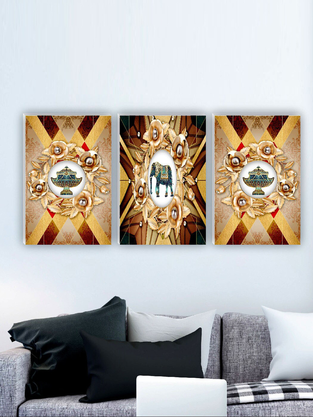 SAF Yellow & Brown 3 Pieces Traditional Elephant Painting Wall Arts