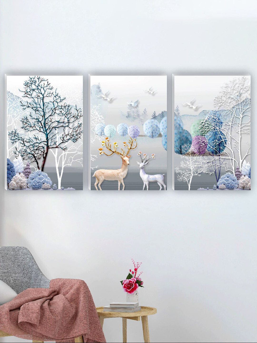 SAF White & Blue 3 Pieces Deer And Tree Painting Wall Art