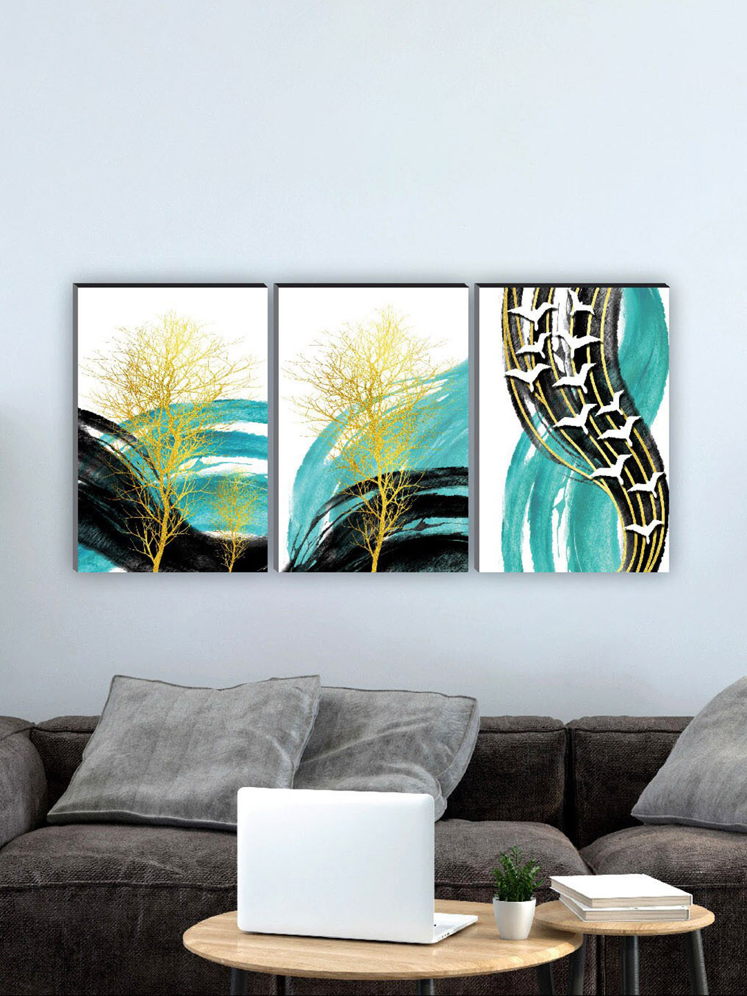 SAF Sea Green 3 Pieces Abstract Art Self Installation Digital Painting Wall Art