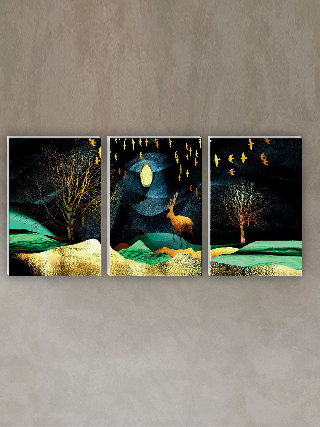 SAF Black & Green 3 Pieces Abstract Painting Waterproof Wall Art