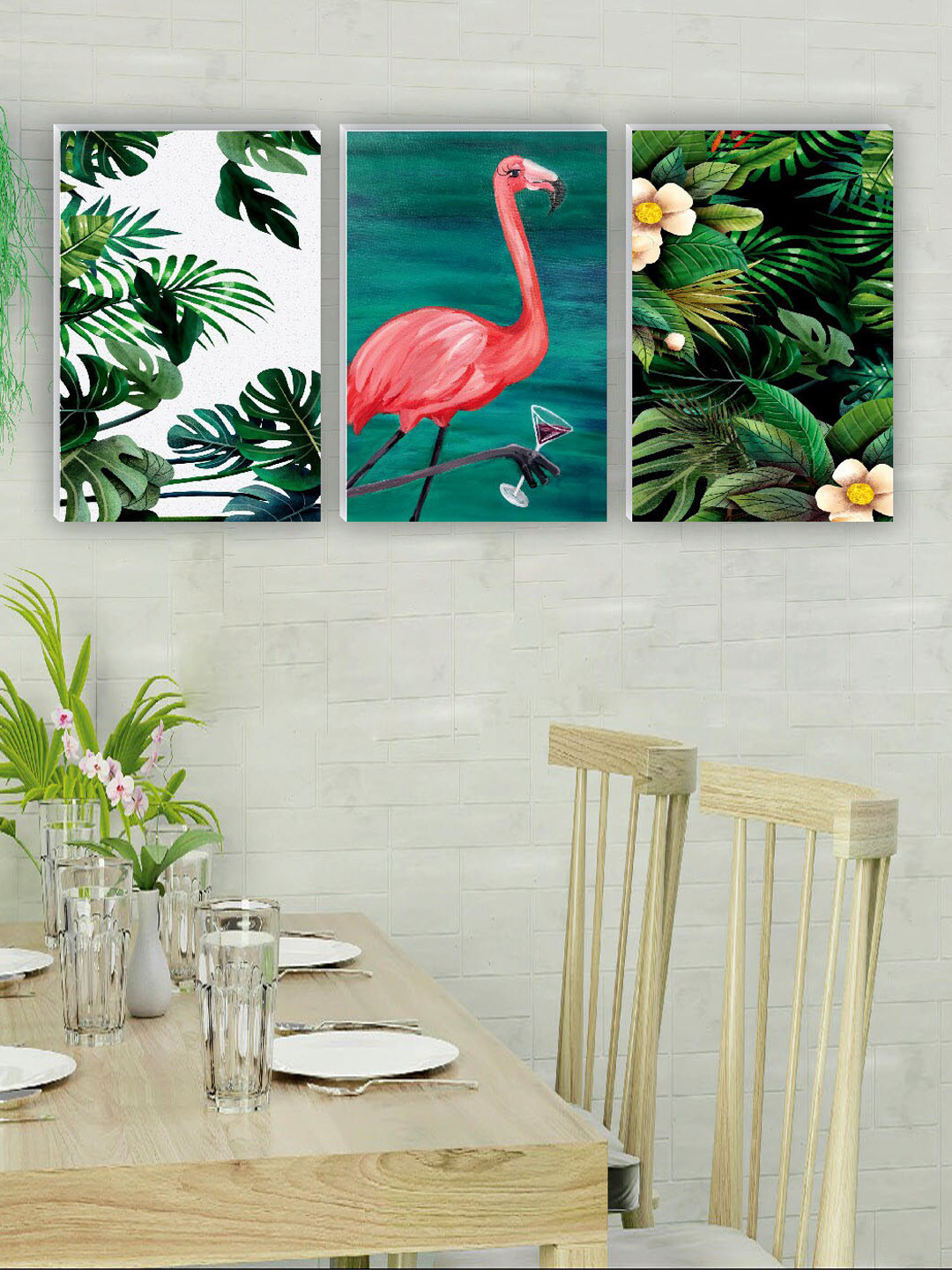 SAF Green & Pink 3 Pieces Painting Waterproof Wall Art