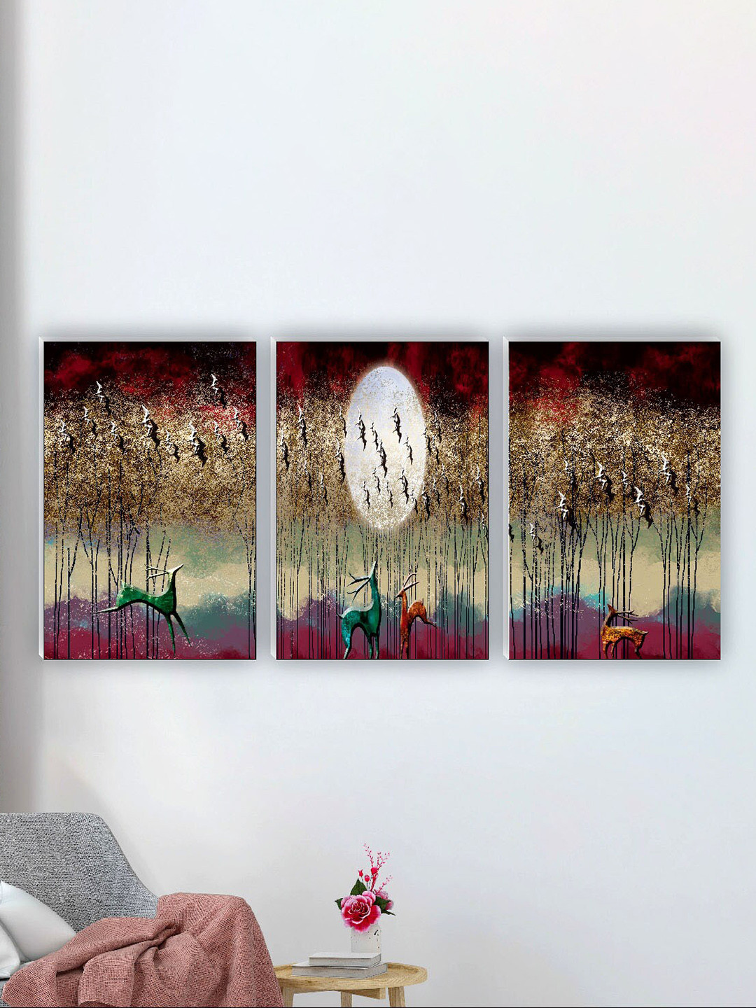 SAF Brown & Red 3 Pieces Abstract Deer Printed UV Coating Wall Painting