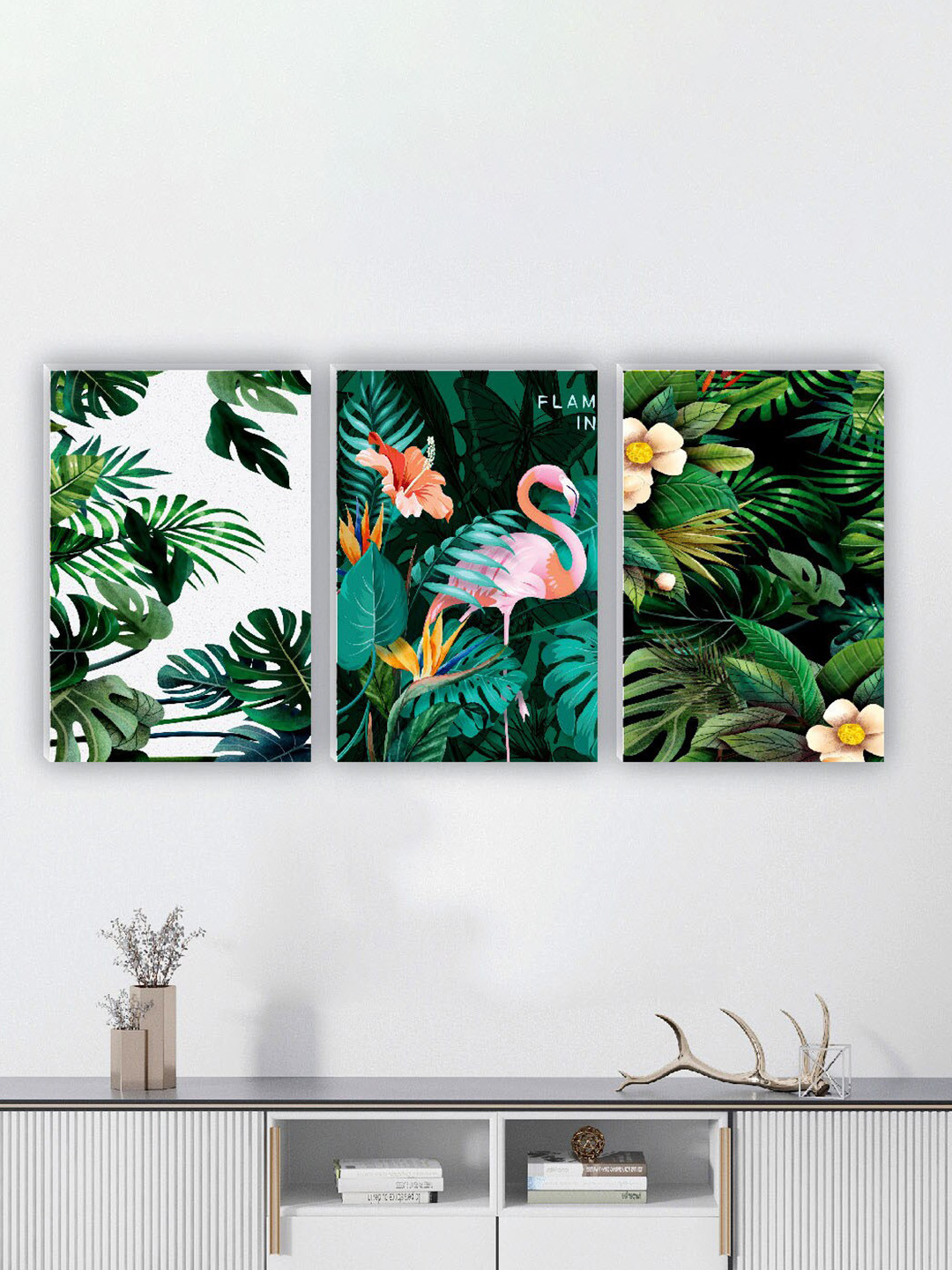 SAF Flamingo & Tropical Leaves Paper 3 Pcs Wall Paintings Wall Art -17.7x11.8In