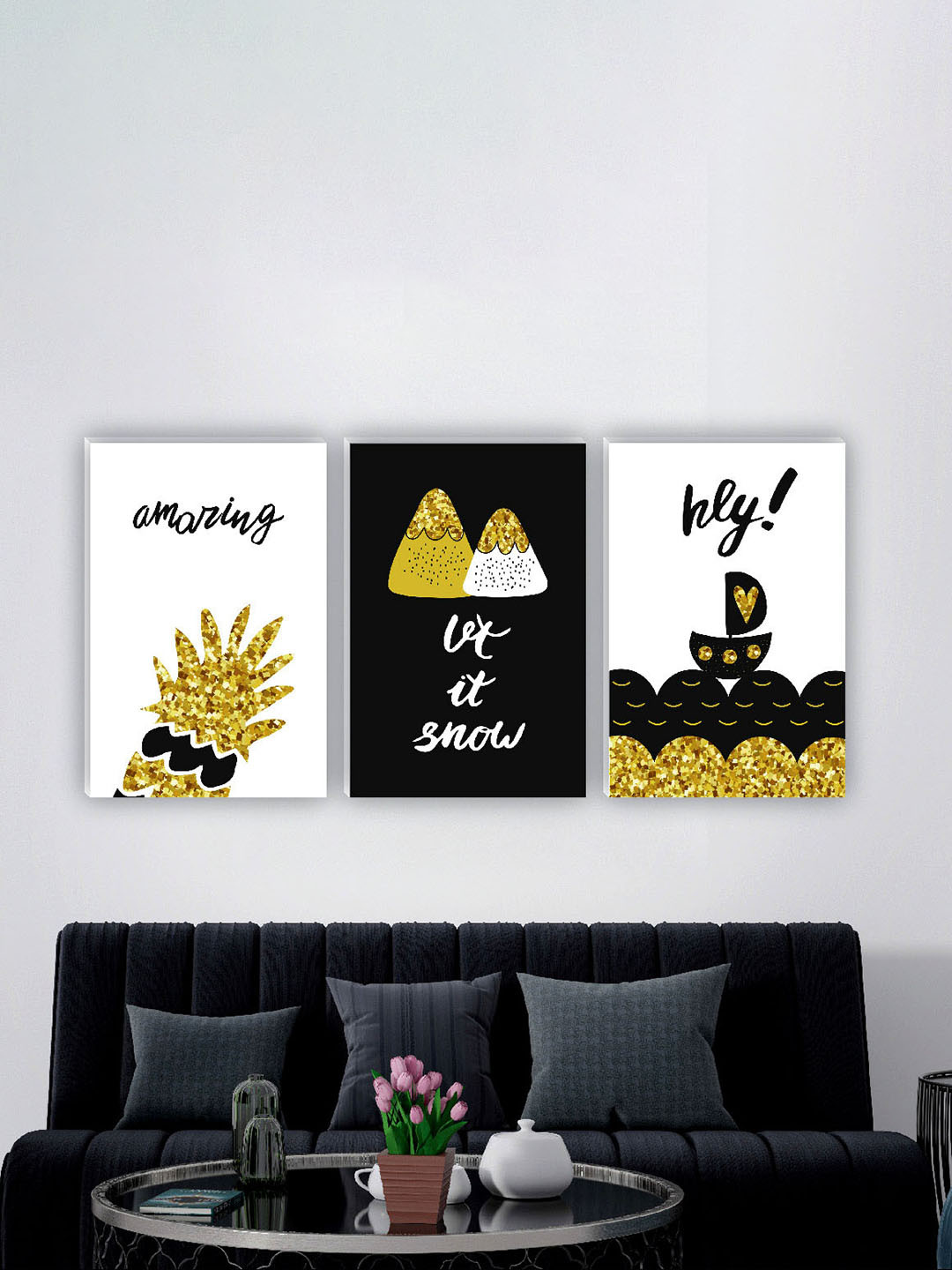 SAF White & Black 3 Pieces Painting Waterproof Wall Art