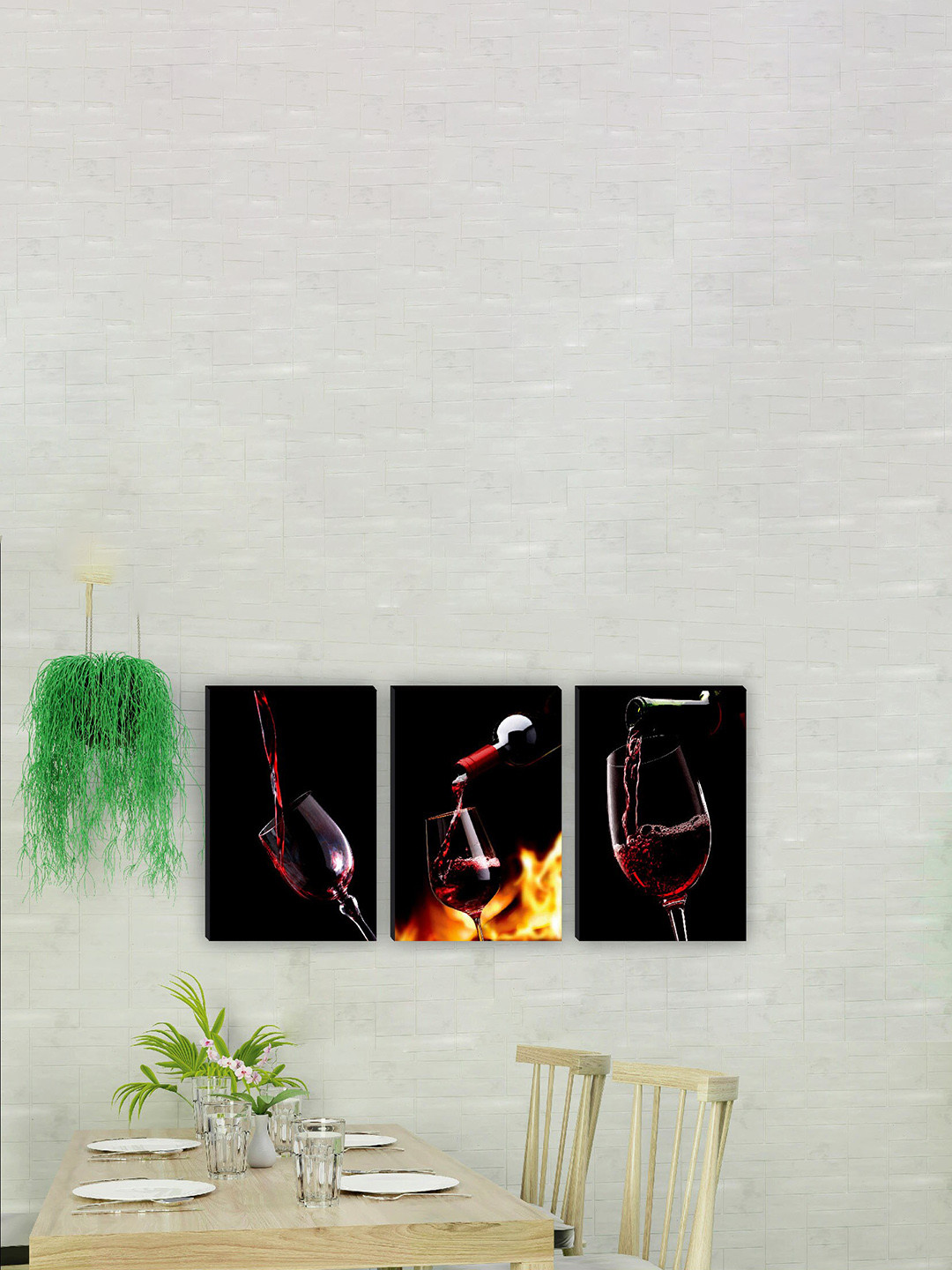 SAF Black & Burgundy 3 Pieces Wine Glass Painting Waterproof Wall Art