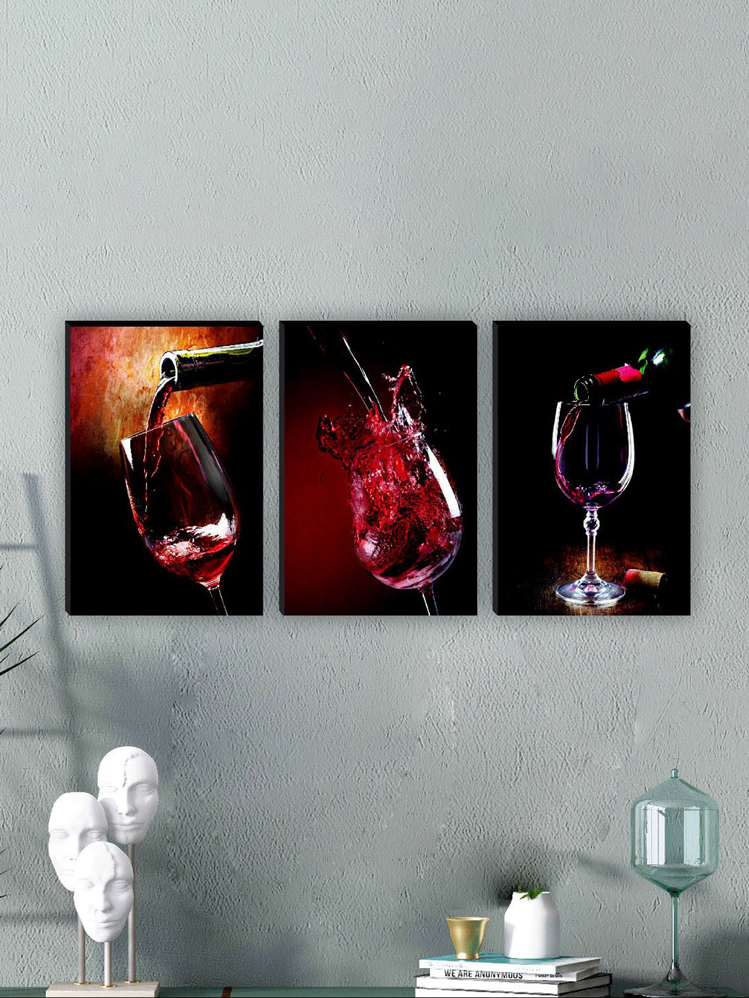 SAF Black & Burgundy 3 Pieces Wine Glass Painting Waterproof Wall Art
