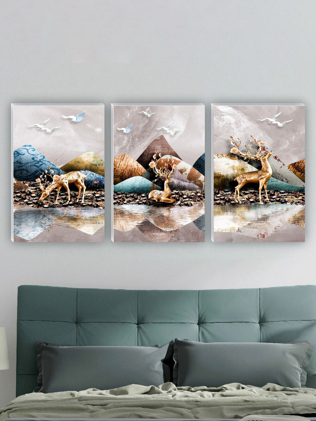 SAF Blue & Brown 3 Pieces Deer & Birds Printed UV Coating Wall Painting