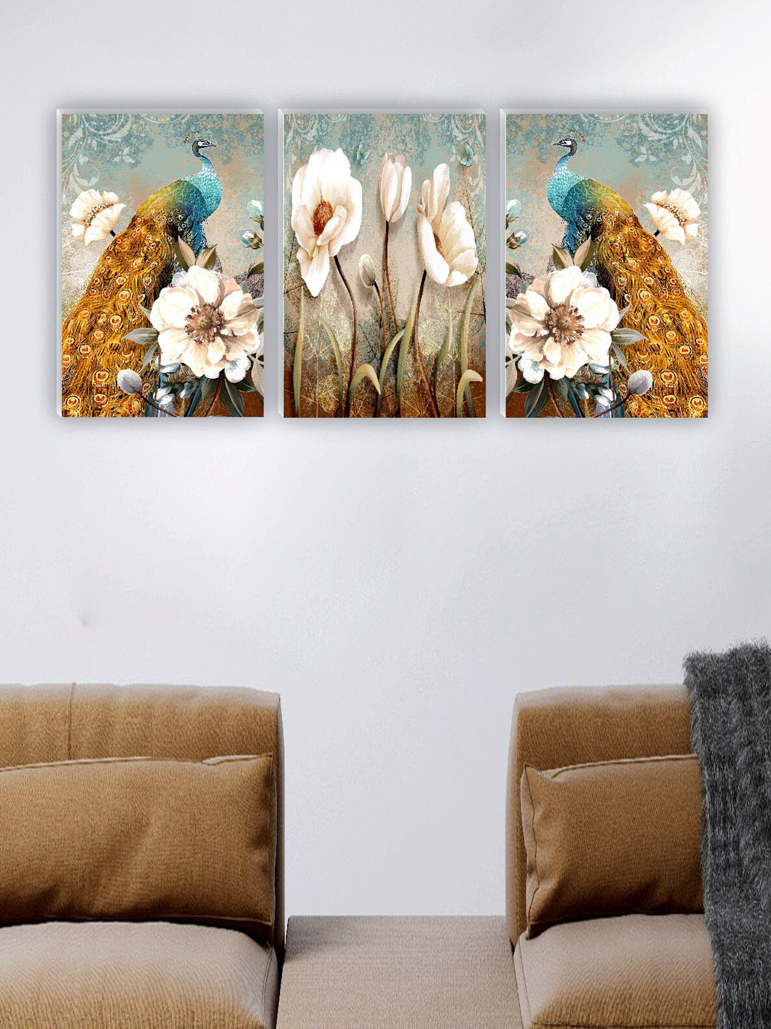 SAF Abstract Flower And Peacock Paper 3 Piece Portrait Paintings Wall Art-17.7 x 11.8In