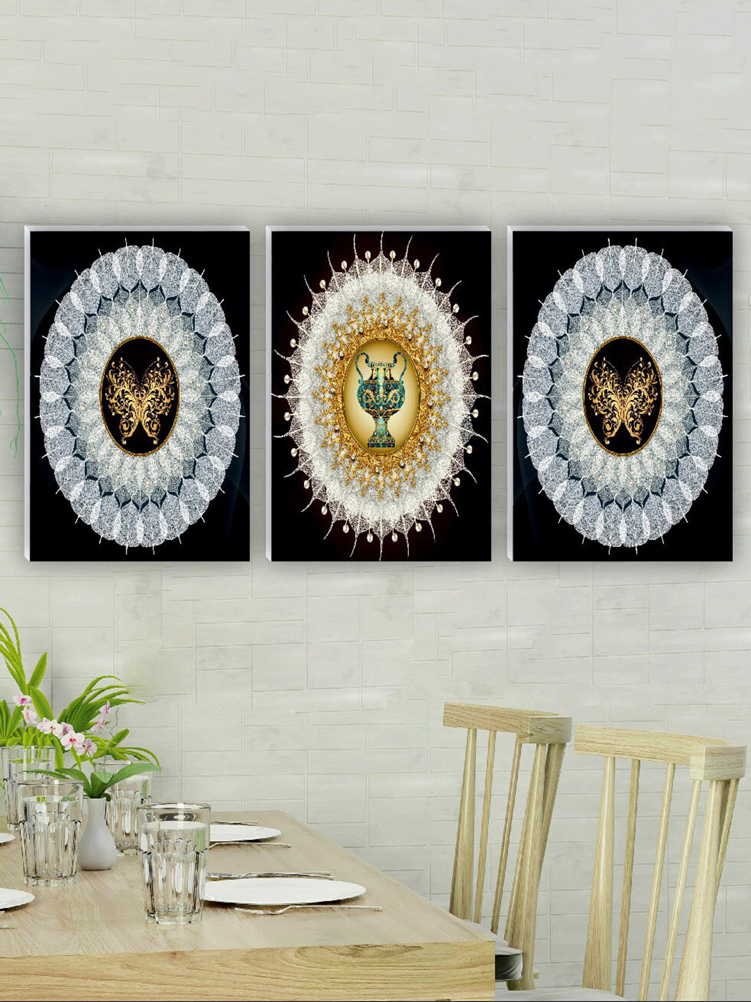 SAF Traditional Elephant MDF 3 Piece Wall Rectangle Paintings Wall Art -18 x 36 In