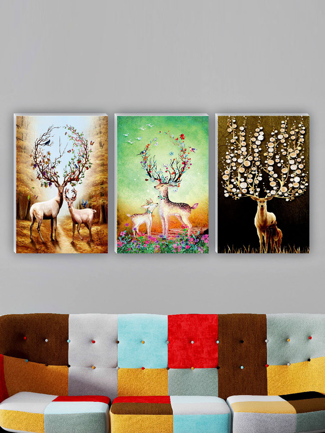 SAF Beautiful Deer MDF 3 Piece Wall Rectangle Paintings Wall Art - 12 x 18In