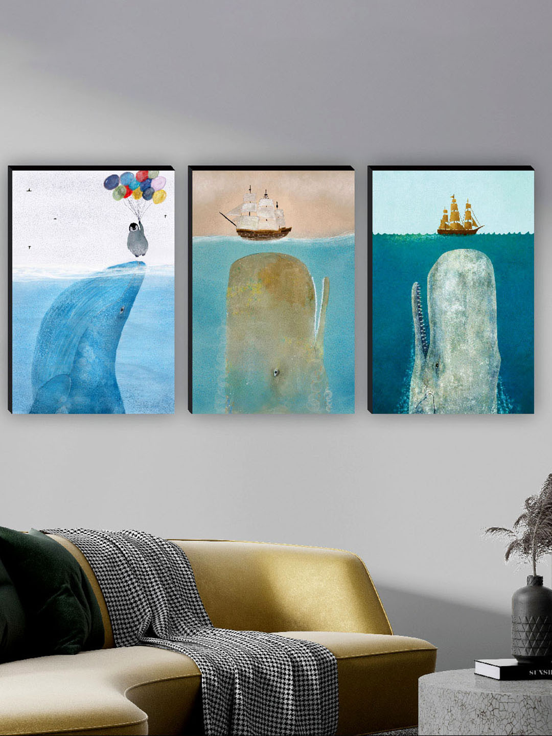 SAF Blue 3 Pieces Dolphin & Balloons Painting Wall Arts