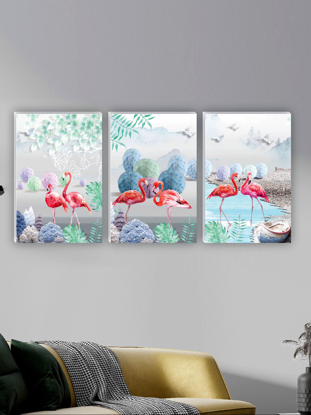 SAF White & Pink 3 Pieces Flamingo Painting Waterproof Wall Art