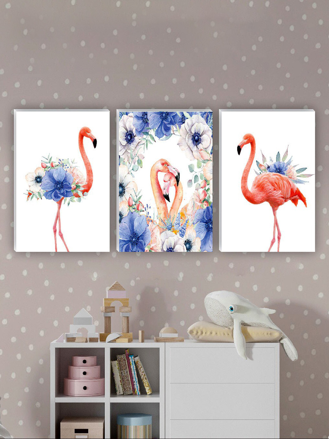 SAF Flamingo And Flower MDF 3 Piece Wall Rectangle Paintings Wall Art - 12 x 18In
