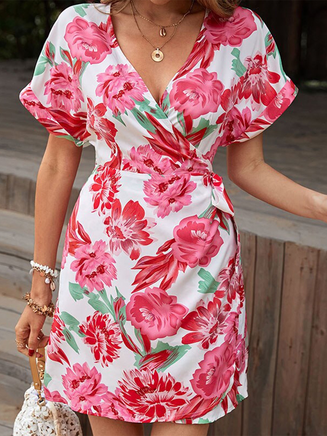 Buy StyleCast Pink Floral Printed V Neck Wrap Mini Dress Dresses for Women 23139546 Myntra