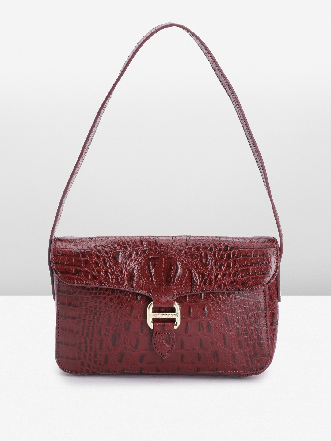 Hidesign Crocodile Textured Leather Structured Baguette Bag With Buckle Detail