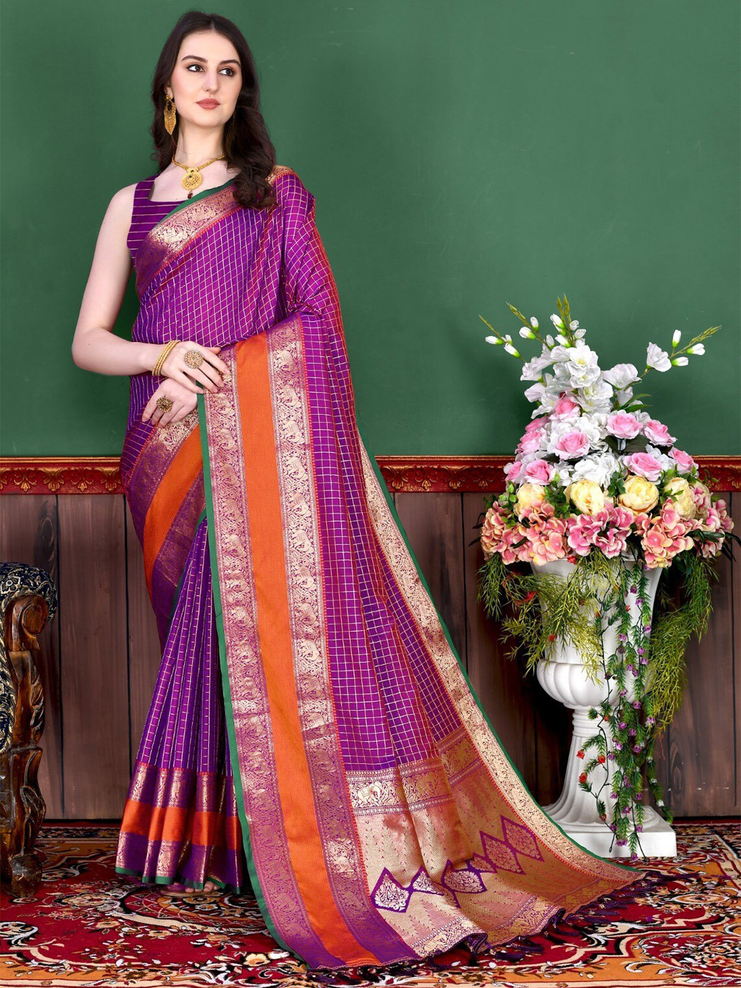 Mitera Purple & Gold Checked  Zari Silk Blend Banarasi Saree With Blouse Piece