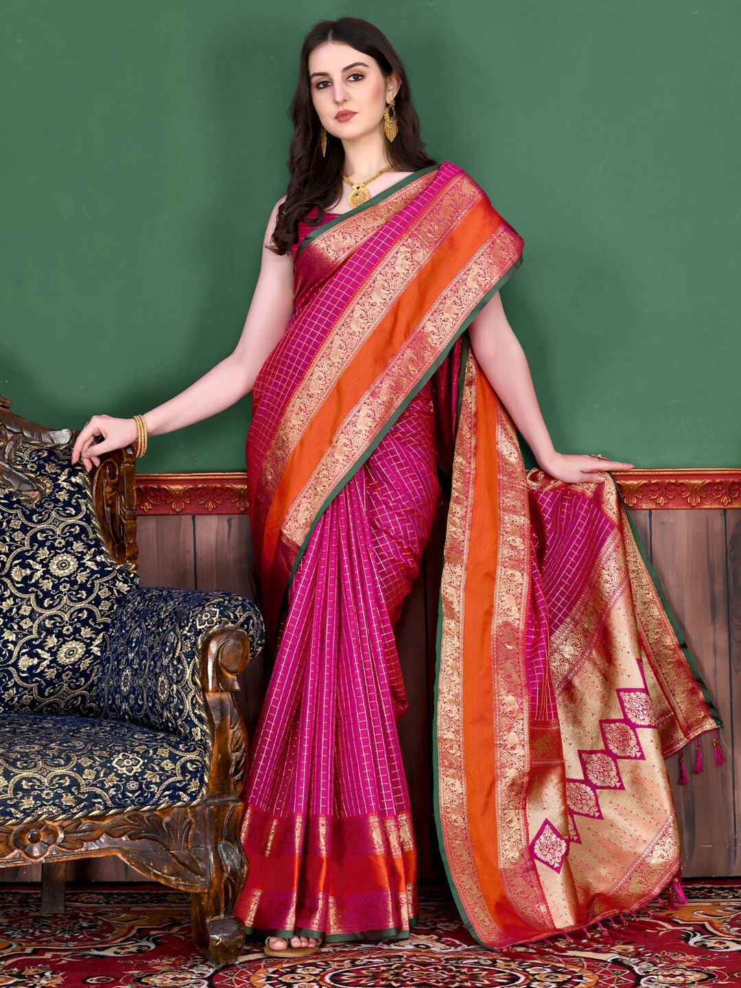 Mitera Pink & Orange Checked Zari Silk Blend Banarasi Saree With Blouse Piece