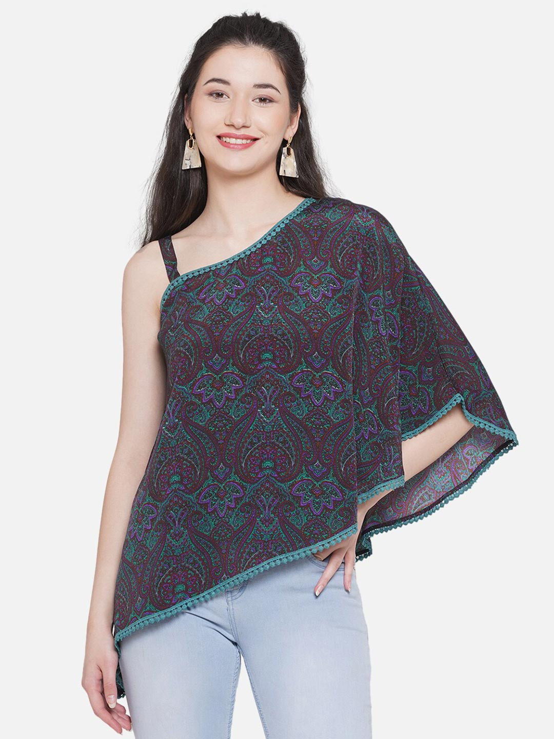 bellamia Ethnic Motif Printed One Shoulder Extended Sleeves Regular Top