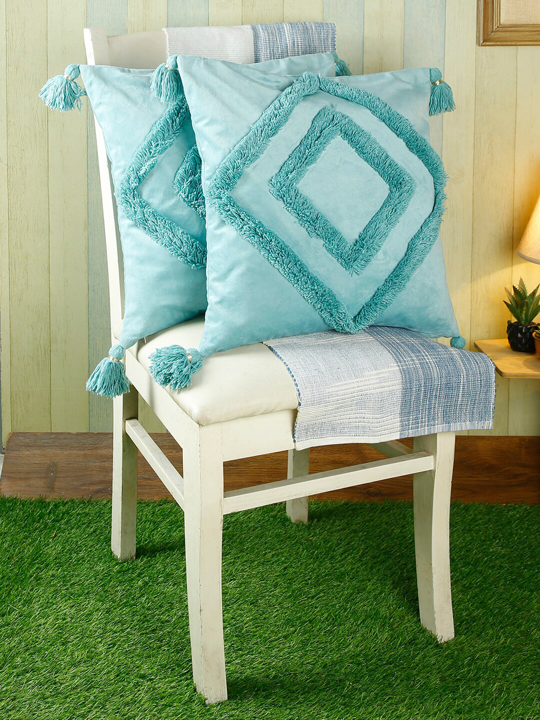 eyda Turquoise Blue 2 Pieces Velvet Geometric Velvet Square Cushion Covers