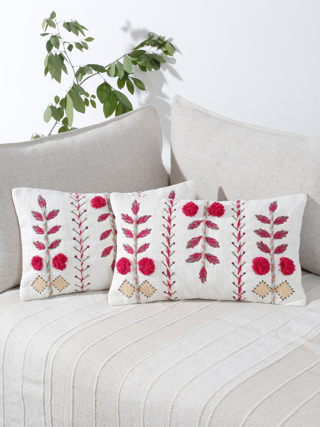 eyda White & Red 2 Pieces Cotton Embroidered Rectangle Cushion Covers