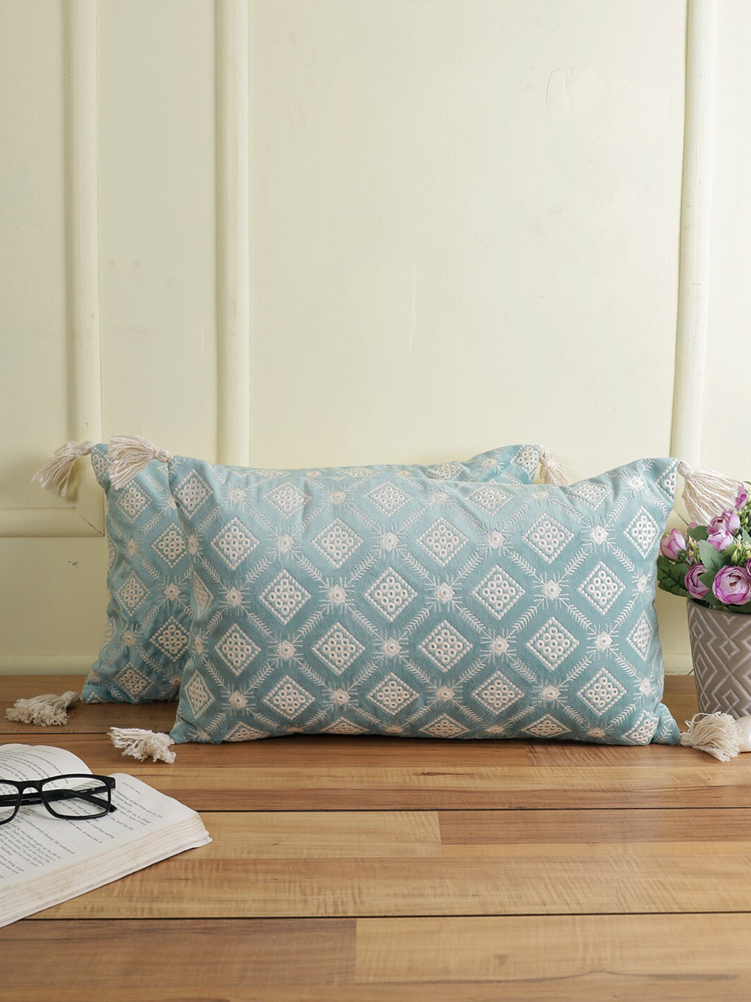 eyda Turquoise Blue & White 2 Pieces Velvet Embroidered Velvet Rectangle Cushion Covers