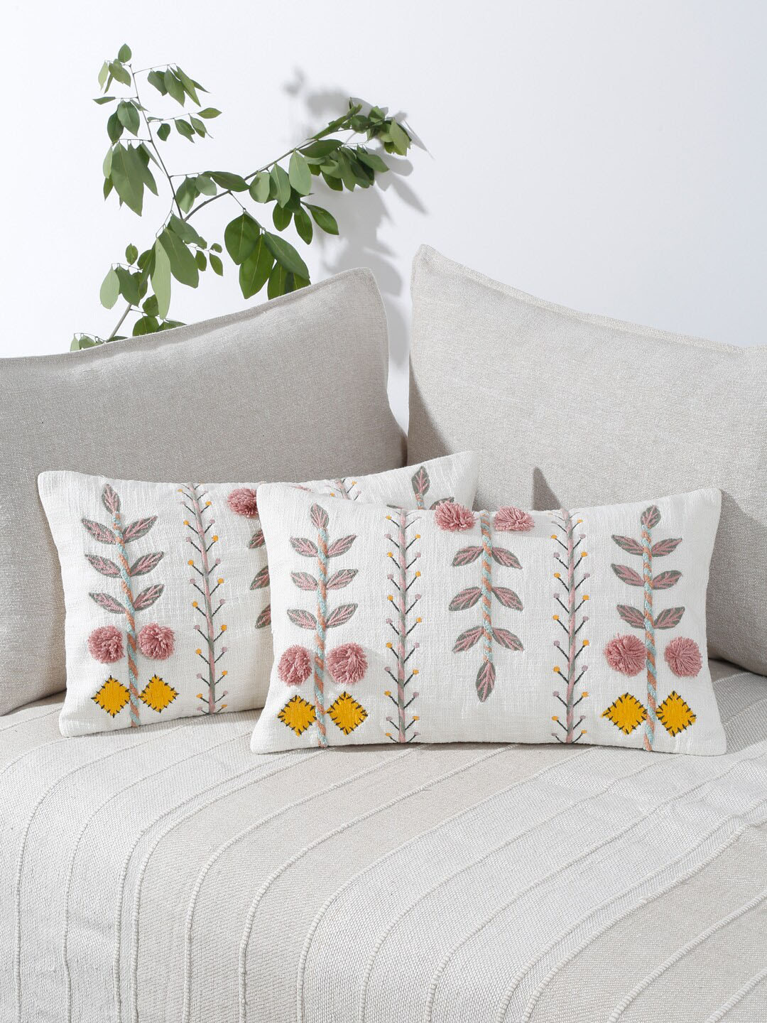 eyda Embroidered White Leaf Polyester Silk Breathable 2 Pcs Cushion Covers -12x20In