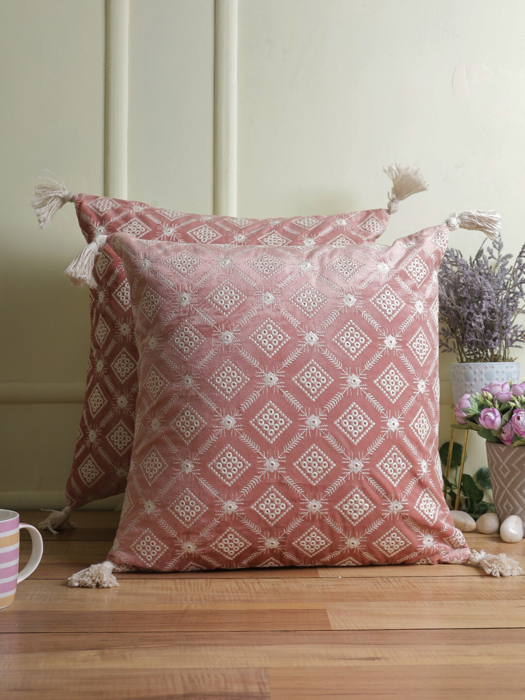 eyda Pink & White 2 Pieces Embroidered Velvet Square Cushion Covers
