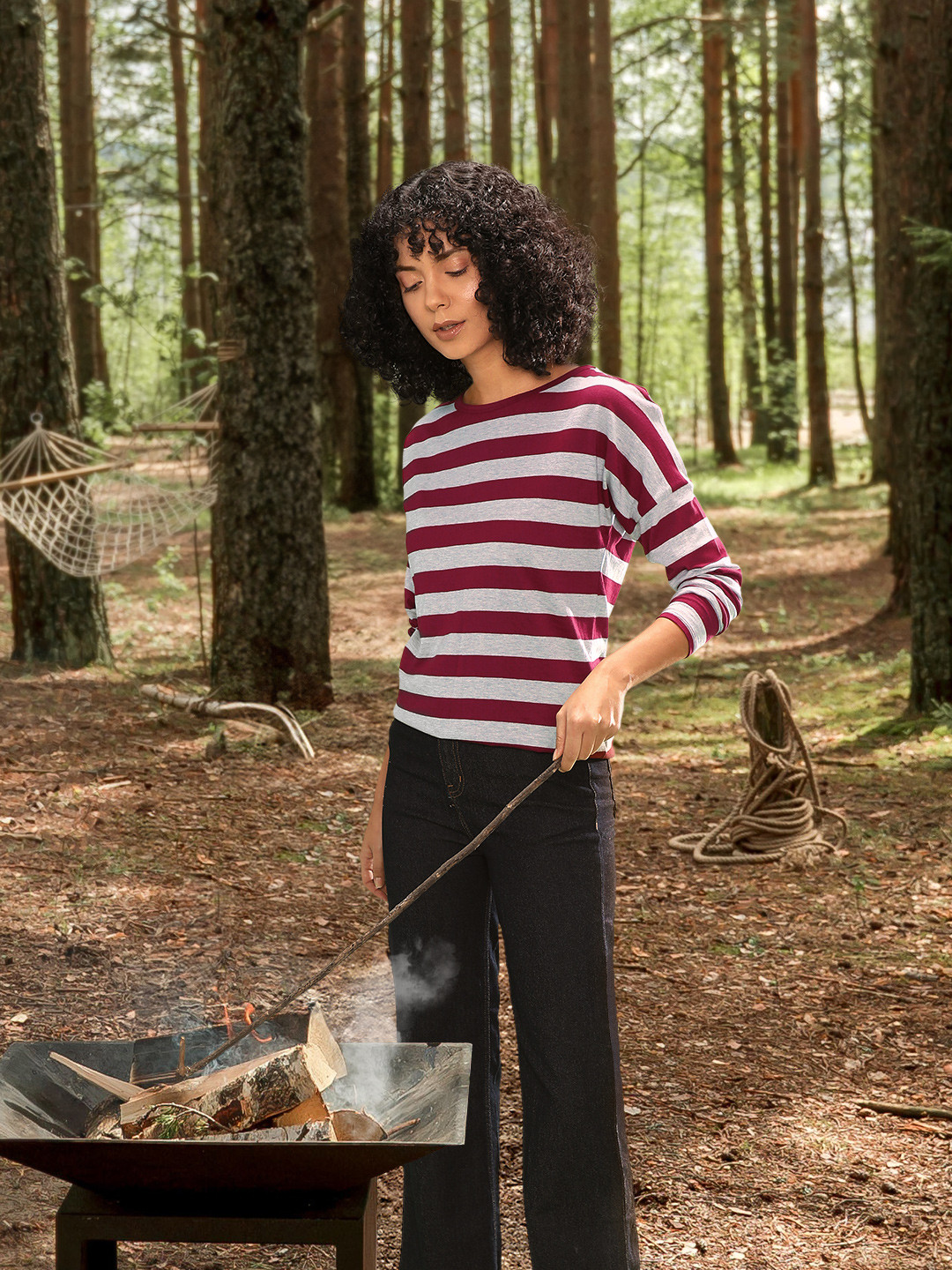 Roadster Women Grey & Maroon Striped Pure Cotton Top