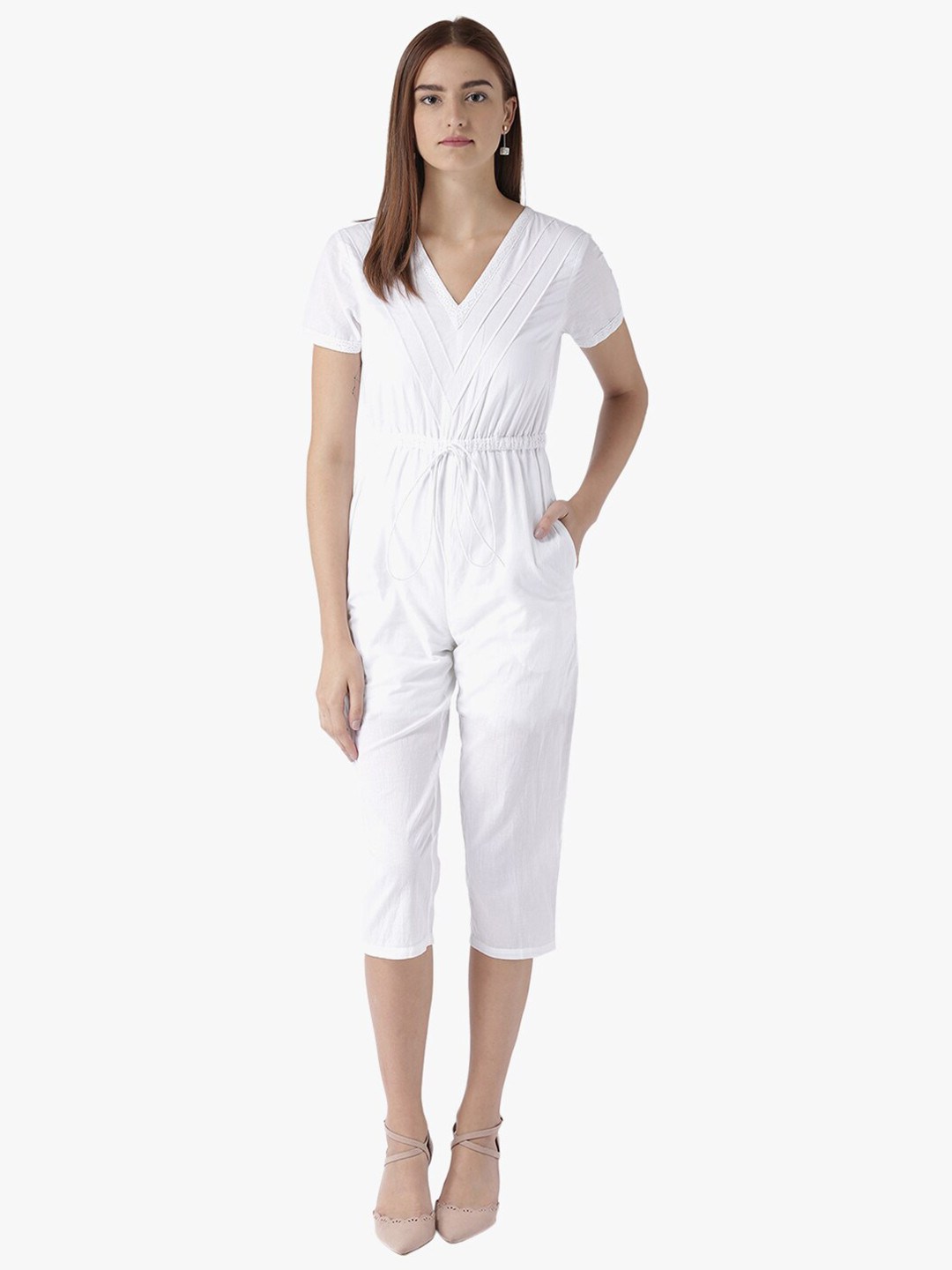 DODO & MOA White V-Neck Pleated Capri Jumpsuit