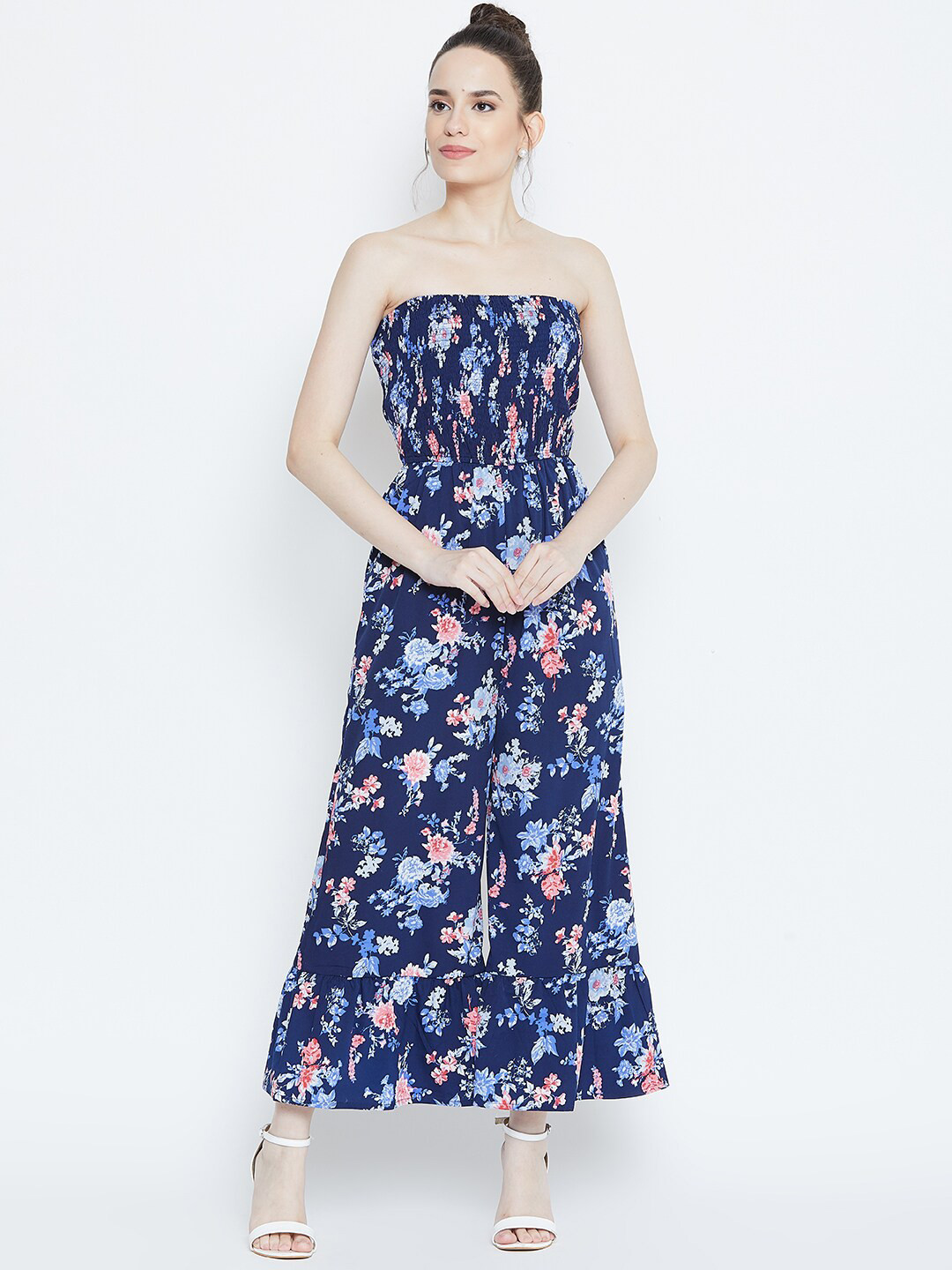 DODO & MOA Navy Blue & Pink Smoked Detail Strapless Floral Printed Culotte Jumpsuit