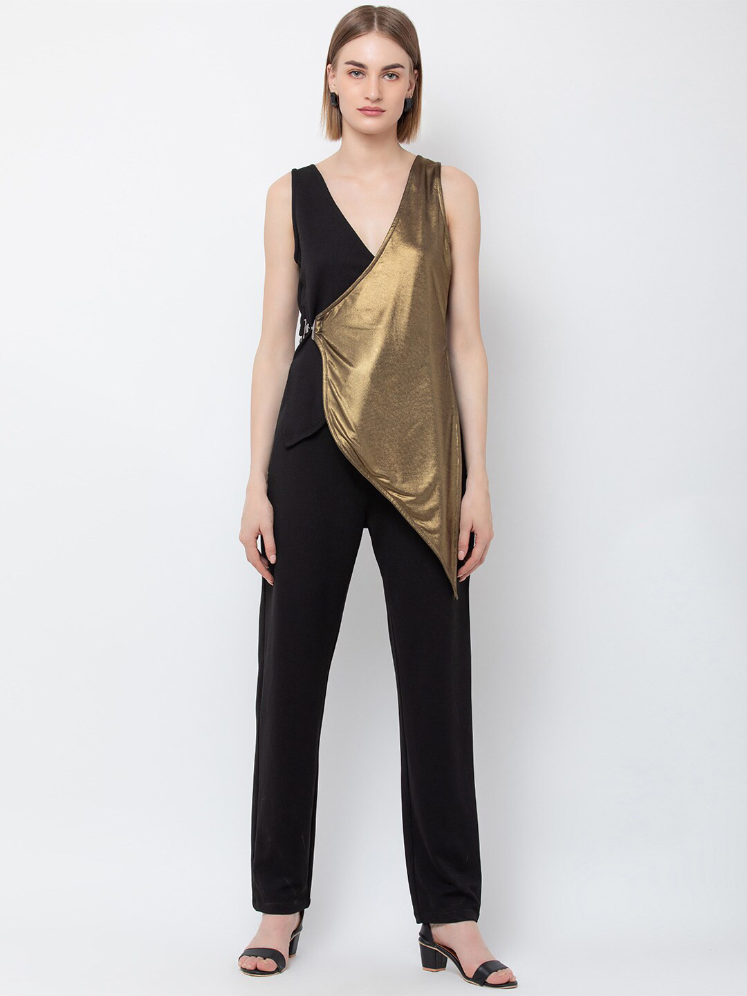 DODO & MOA Black & Gold-Toned Layered Colourblocked Basic Jumpsuit