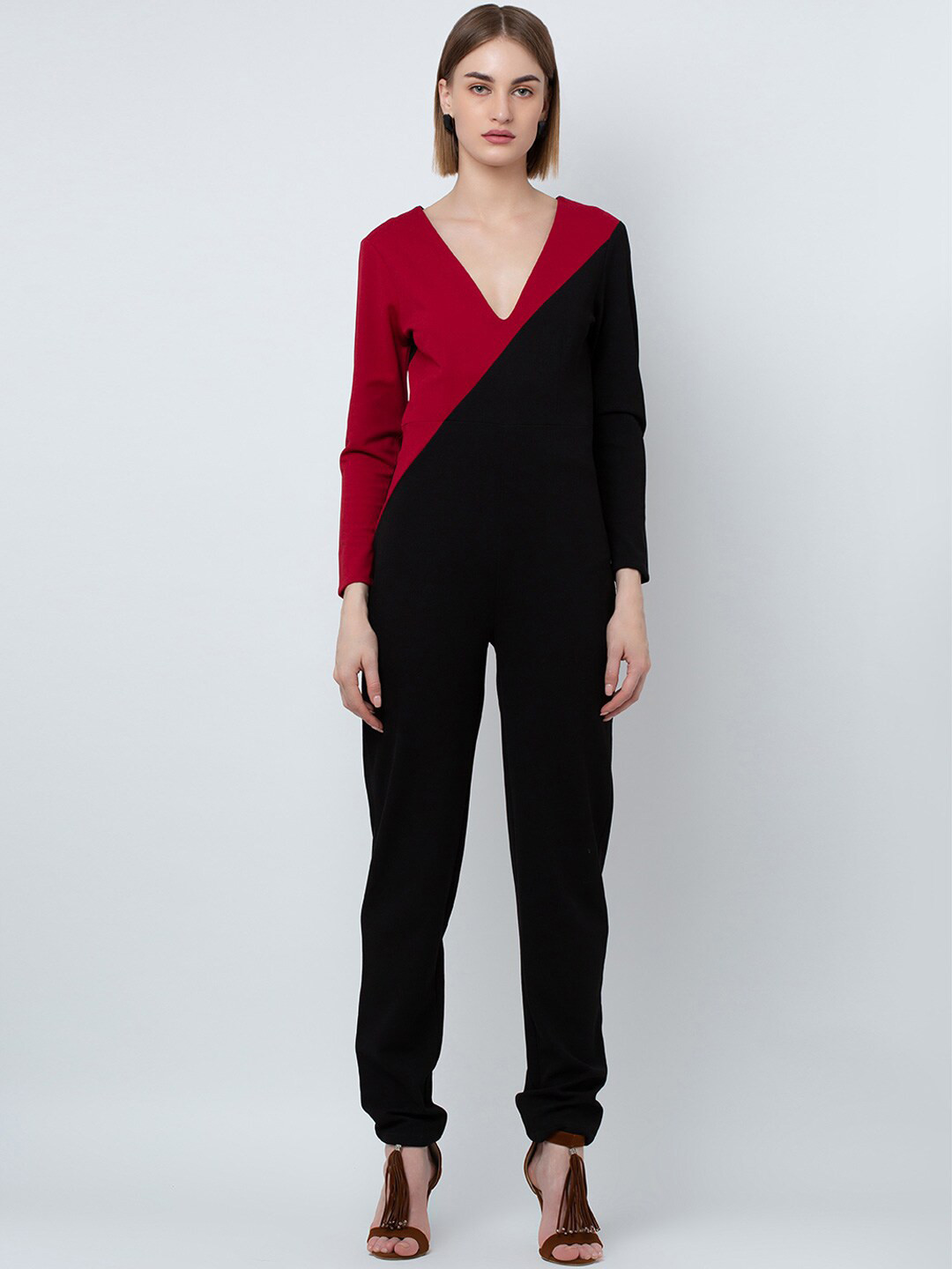 DODO & MOA Black & Red V-Neck Colourblocked Basic Jumpsuit