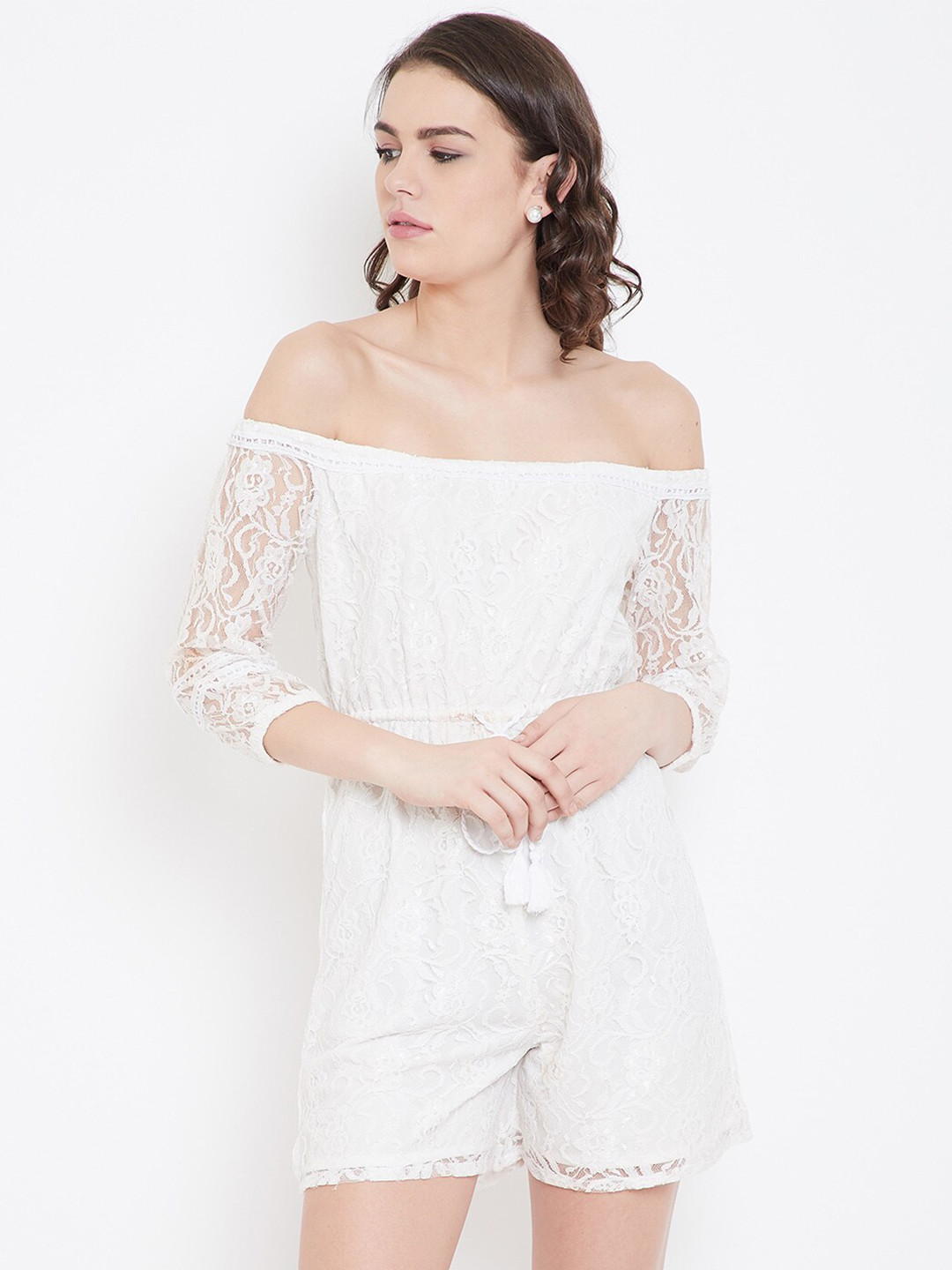 DODO & MOA White Lace Self Design Off-Shoulder Playsuit