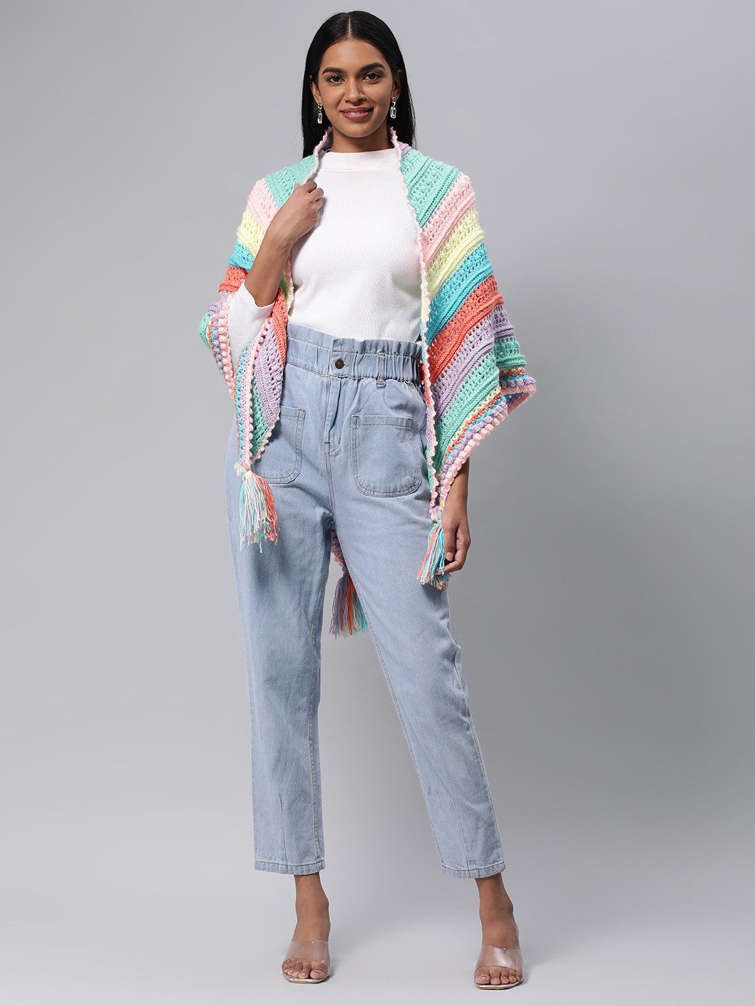 Magic Needles Women Striped Longline Crochet Shrug