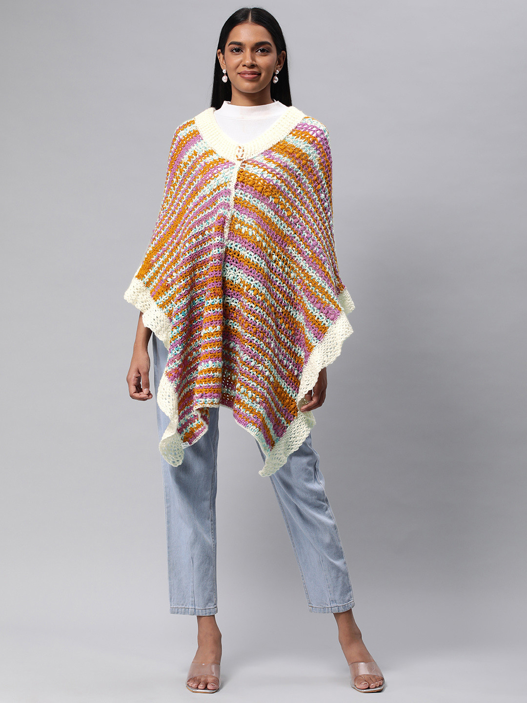 Magic Needles Women Longline Button Crochet Shrug