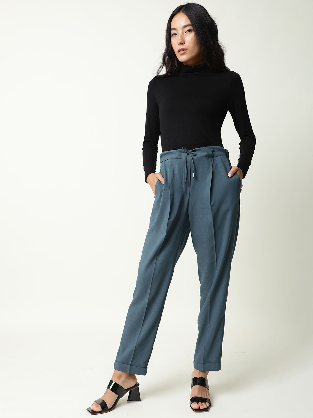RAREISM Women Petrol Tailored Fit Plain Trouser