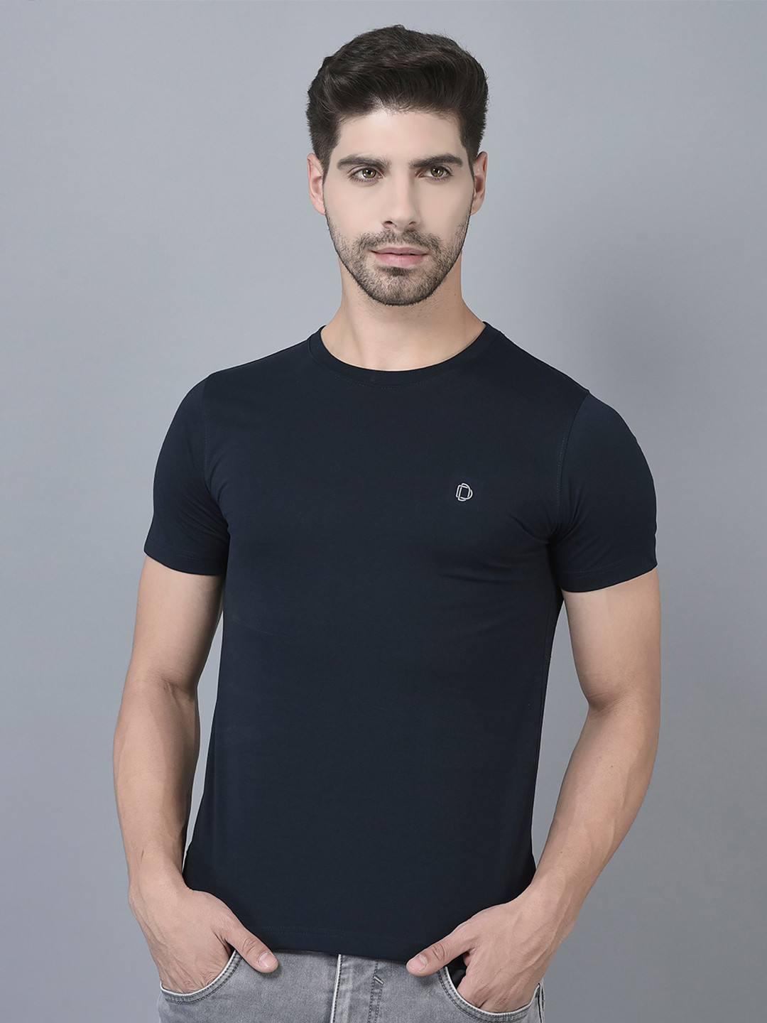 Dollar Men Round Neck Solid Colour T-Shirt With Chest Logo