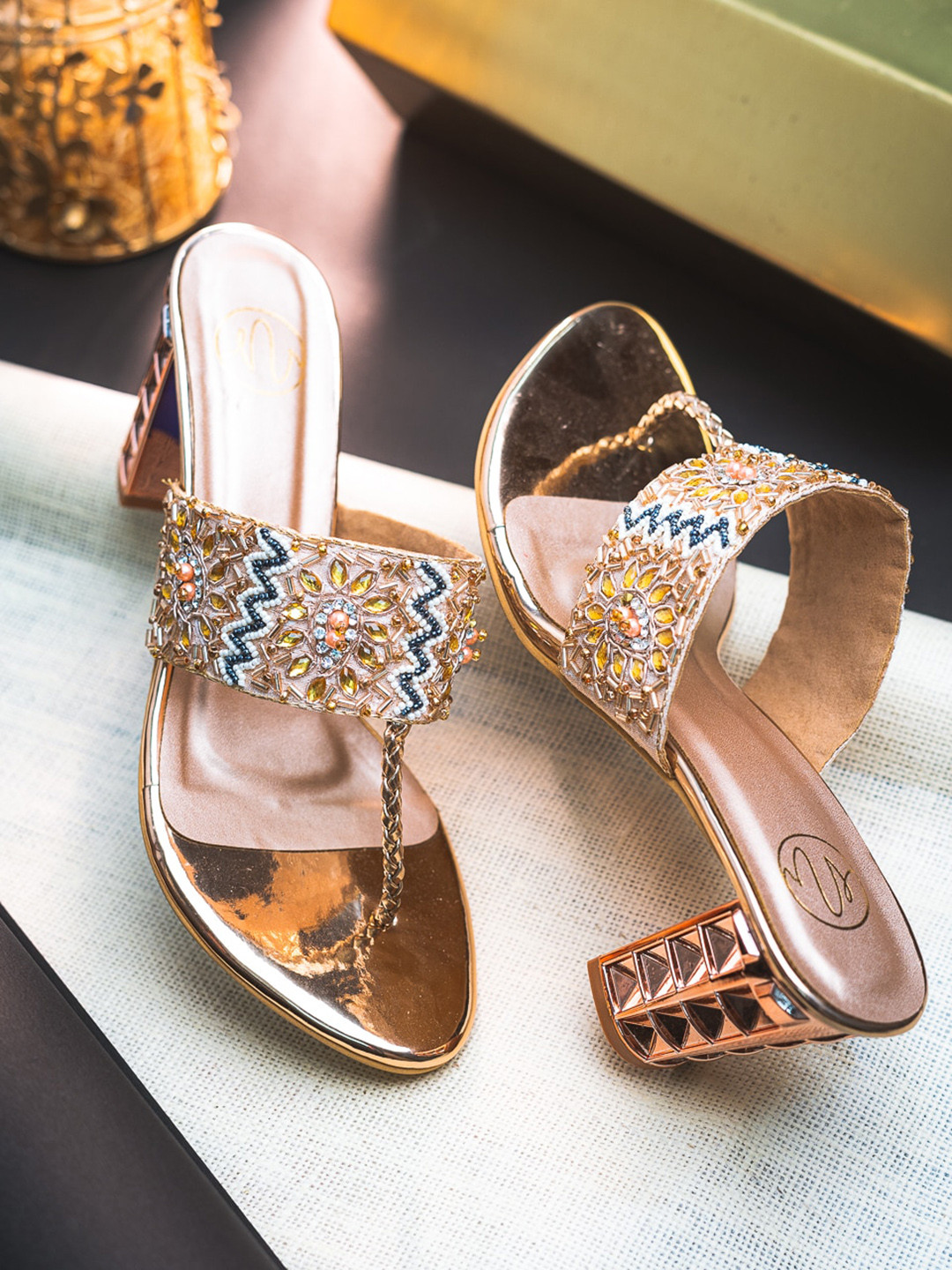 NR By Nidhi Rathi Embellished Open One Toe Block Heels