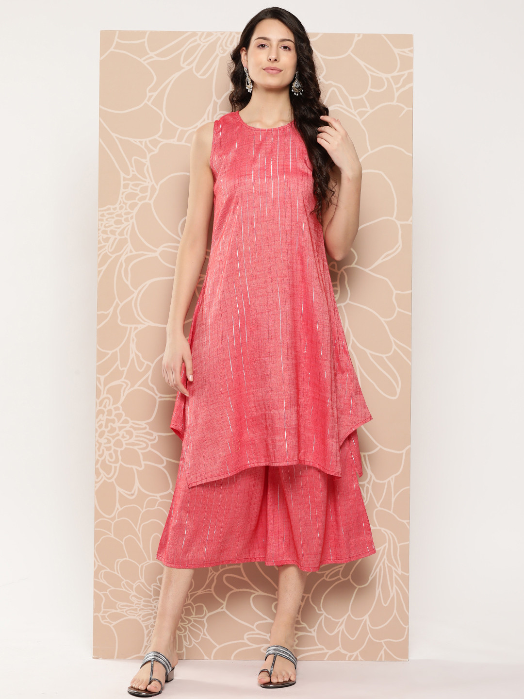 InWeave Striped Asymmetric A-Line Kurta with Cropped Palazzos