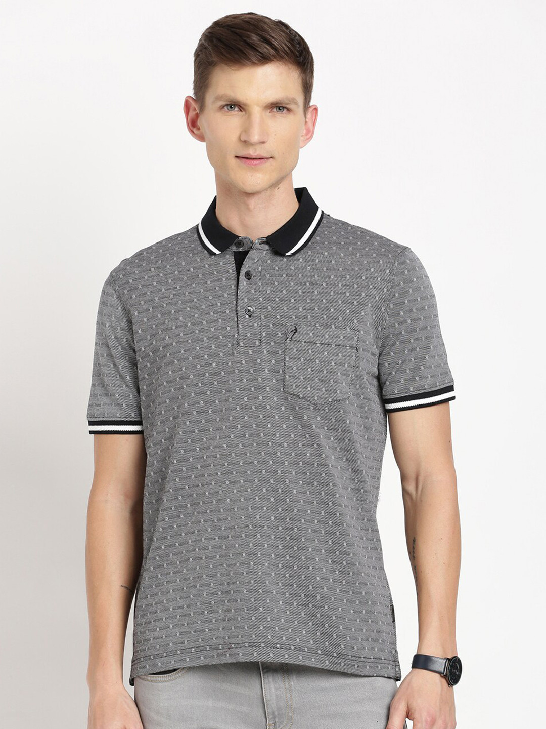 Indian Terrain Geometric Printed Polo Collar Pure Cotton Slim Fit T-shirt