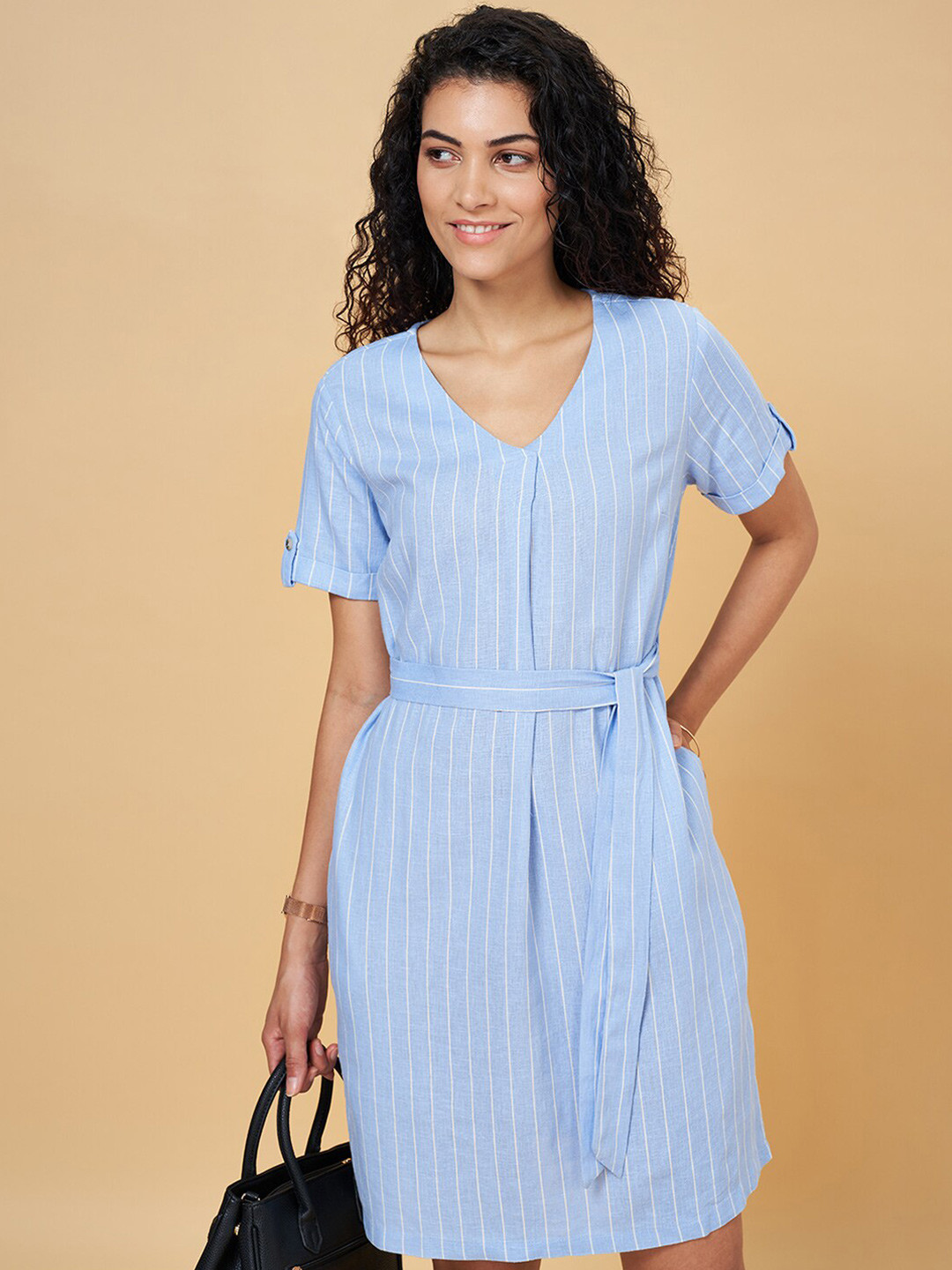 Annabelle by Pantaloons Blue V-Neck Striped A-Line Dress