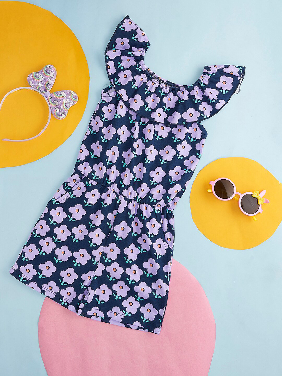 Pantaloons Junior Girls Floral Printed Ruffled Cotton Basic Jumpsuit