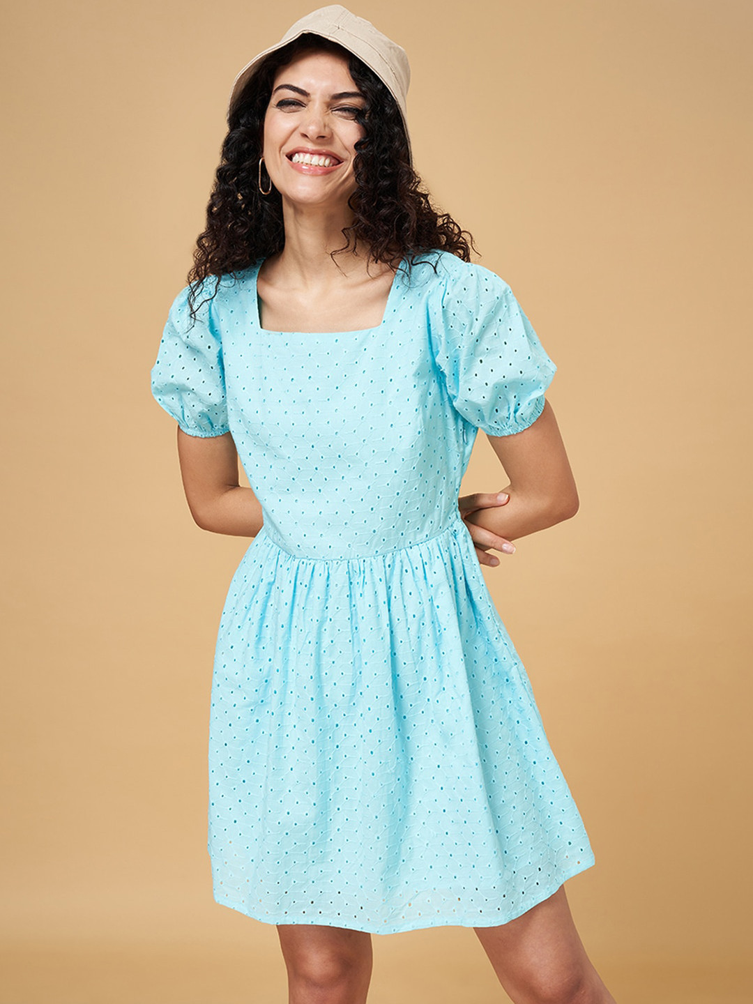 YU by Pantaloons Schiffli Puff Sleeve Cotton Fit & Flare Dress