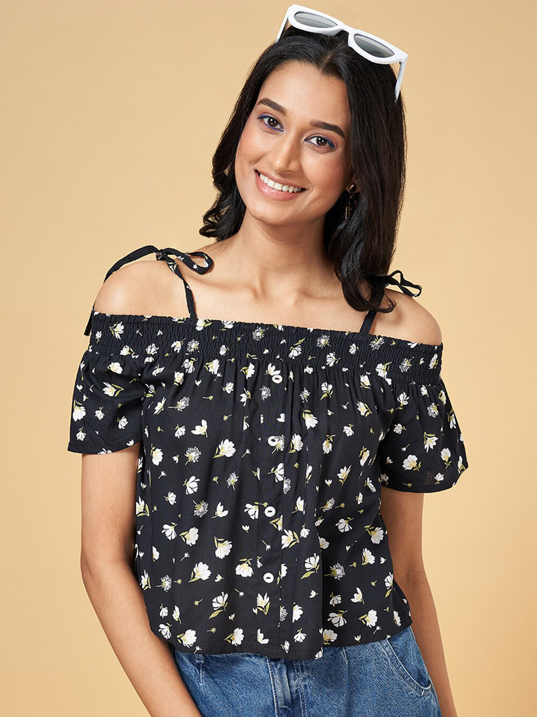 People Black Floral Printed Shoulder Strapped Bardot Top